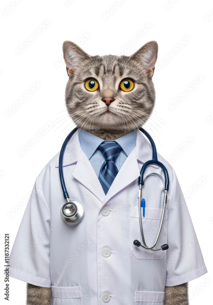 A portrait of a cat wearing a white doctor's coat with a stethoscope around its neck, white background.
A portrait of a cat wearing a white doctor's coat with a stethoscope around its neck, white background.