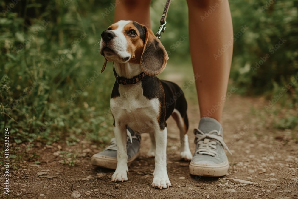 A beagle dog on a leash with its owner, who is wearing sneakers, walking in a park on a summer day The beagle is standing and looking up at the woman who is holding its lead Generative AI A beagle dog on a leash with its owner, who is wearing sneakers, walking in a park on a summer day The beagle is standing and looking up at the woman who is holding its lead Generative AI
