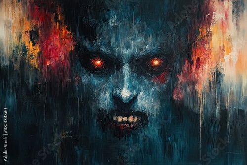 This artwork depicts a striking face with intense glowing eyes amidst a dark and vibrant abstract background, suggesting inner conflict