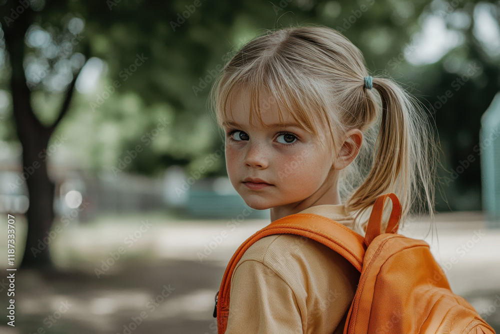 A young girl with blonde hair tied in pigtails gazes back while wearing an orange backpack. The background features trees and a playground, suggesting a cheerful outdoor setting. A young girl with blonde hair tied in pigtails gazes back while wearing an orange backpack. The background features trees and a playground, suggesting a cheerful outdoor setting.