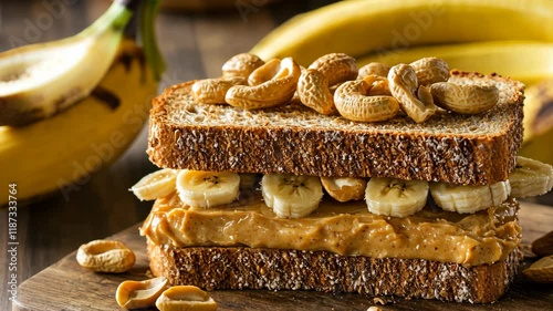 Satisfying peanut butter banana sandwich stacked with nuts on whole grain bread in a cozy kitchen setting