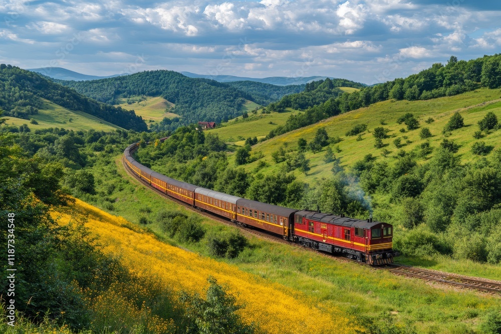 A colorful train travels along a winding railway, surrounded by rolling green hills and vibrant fields of wildflowers. The bright sky enhances the serene beauty of the countryside A colorful train travels along a winding railway, surrounded by rolling green hills and vibrant fields of wildflowers. The bright sky enhances the serene beauty of the countryside