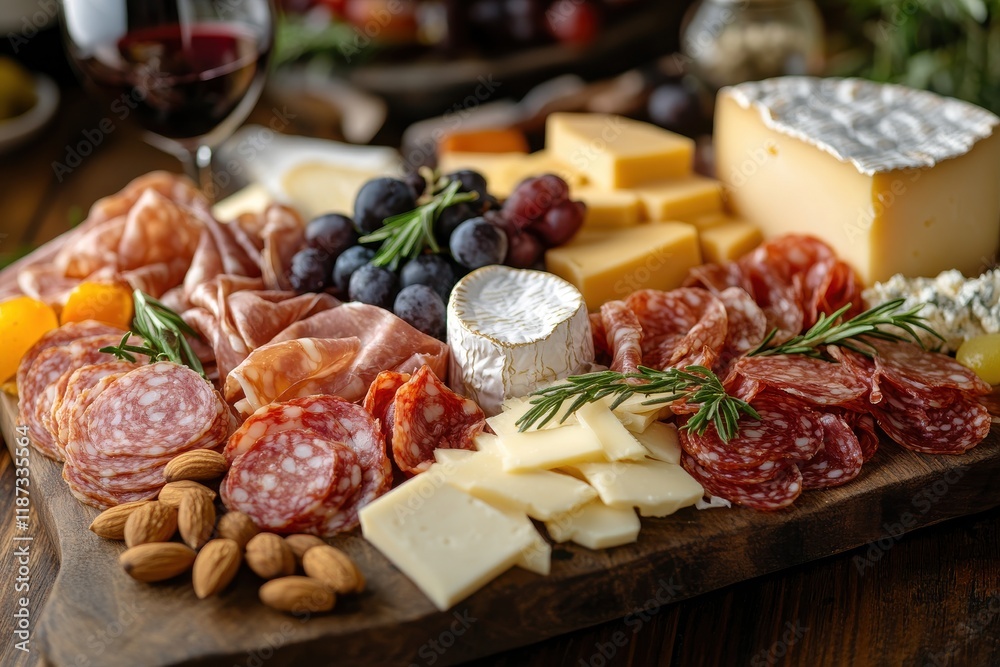Charcuterie board with cheeses, meats, fruits, and wine on rustic table Charcuterie board with cheeses, meats, fruits, and wine on rustic table