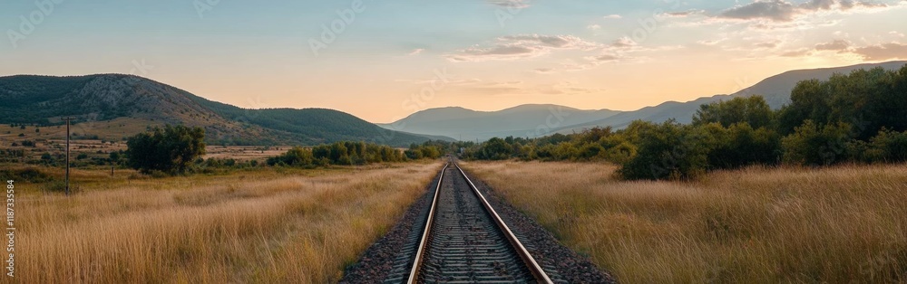 Obraz premium Railway tracks lead into the horizon, surrounded by lush fields and mountains. The sky is painted with warm sunset hues, creating a peaceful atmosphere. Nature thrives along the rails