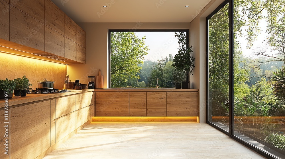 Fototapeta premium Modern kitchen with large window and greenery view.