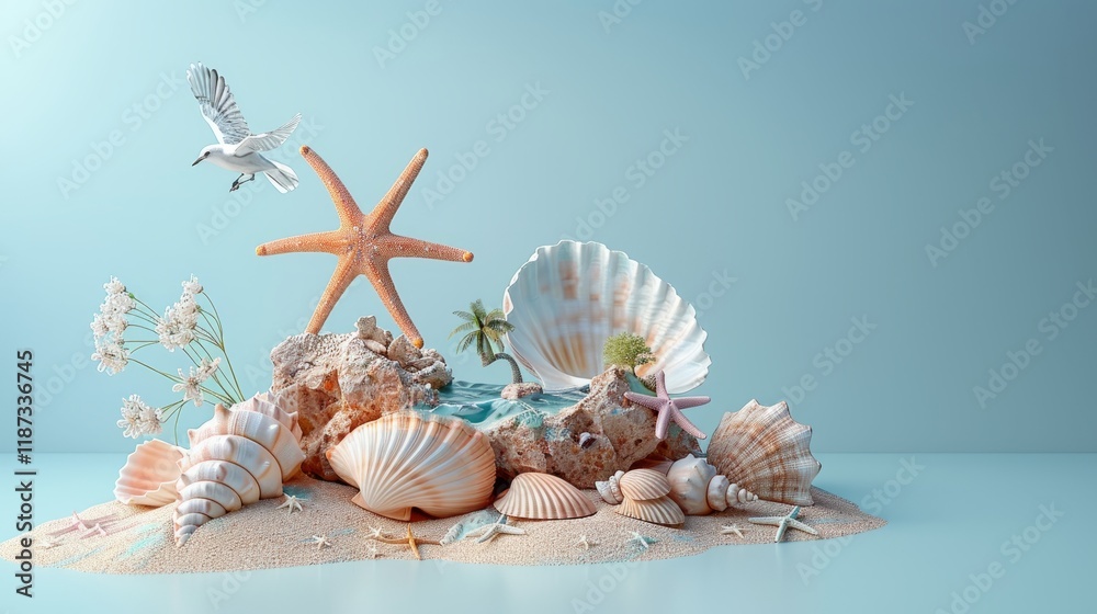 Obraz premium Seashells and Starfish on a Sandy Beach