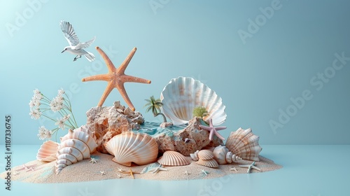 Seashells and Starfish on a Sandy Beach photo