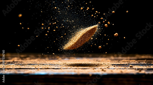 Levitation of brown powder, spice explosion on dark wood. photo