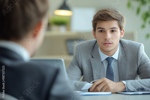 A close-up shot of a young man in a gray suit during an interview. He looks attentive and professional, facing an out-of-focus interviewer