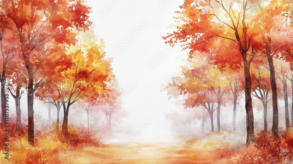 Autumnal forest path, misty morning, vibrant foliage, fall landscape, website banner Autumnal forest path, misty morning, vibrant foliage, fall landscape, website banner