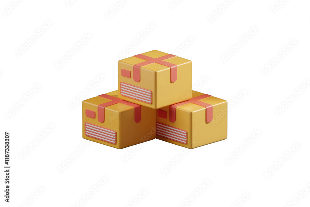 Fototapeta premium Three yellow cubic boxes with pink accents stacked on a dark gray surface, representing delivery or shipping. background removed