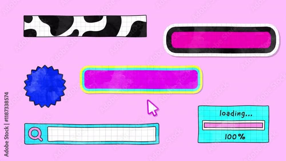 Set of six collage isolated paper lower thirds. Animated click button, loading icon, search on a transparent alpha channel. Place for text. Set of six collage isolated paper lower thirds. Animated click button, loading icon, search on a transparent alpha channel. Place for text.