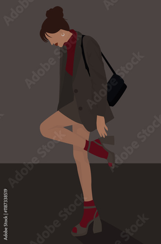 Vector flat image of a brunette. Cute young girl in a suit with a skirt and sandals, burgundy socks and a sweater. Design for postcards, avatars, posters, backgrounds templates.