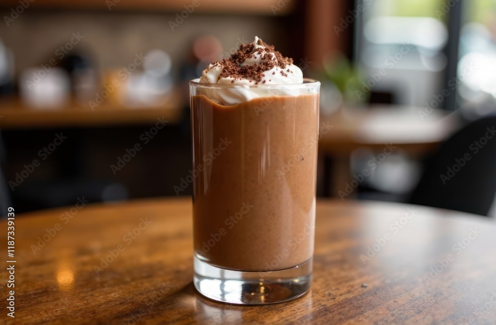 creamy chocolate milkshake topped with whipped cream and chocolate sprinkles in glass on wooden table in coffee shop. sweet beverage menu, cafe promotion, dessert poster. creamy chocolate milkshake topped with whipped cream and chocolate sprinkles in glass on wooden table in coffee shop. sweet beverage menu, cafe promotion, dessert poster.