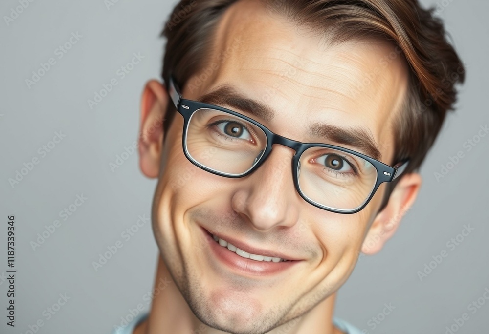 Portrait of a man wearing glasses with a subtle smile and curious expression Portrait of a man wearing glasses with a subtle smile and curious expression