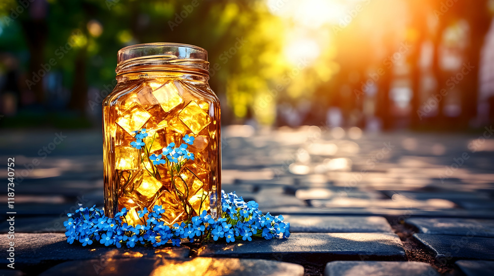 Golden liquid in glass jar with blue flowers on cobblestones at sunset. Golden liquid in glass jar with blue flowers on cobblestones at sunset.