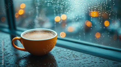 A closeup of a steaming cup of coffee sitting on a wet windowsill, with city lights blurred in the rainy background photo