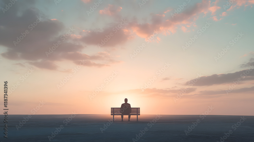 Human Silhouette Sitting on Bench in Empty Landscape with Soft Light Human Silhouette Sitting on Bench in Empty Landscape with Soft Light