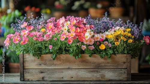 Wallpaper Mural Vibrant Flower Display in Rustic Wooden Planter Fills Indoor Space. Generative AI Torontodigital.ca