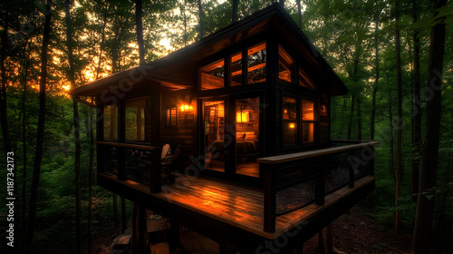 Illuminated treehouse cabin in lush forest at sunset.