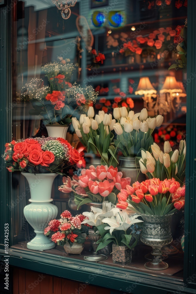 Fototapeta premium Charming Flower Shop Window Display for Valentine's Day