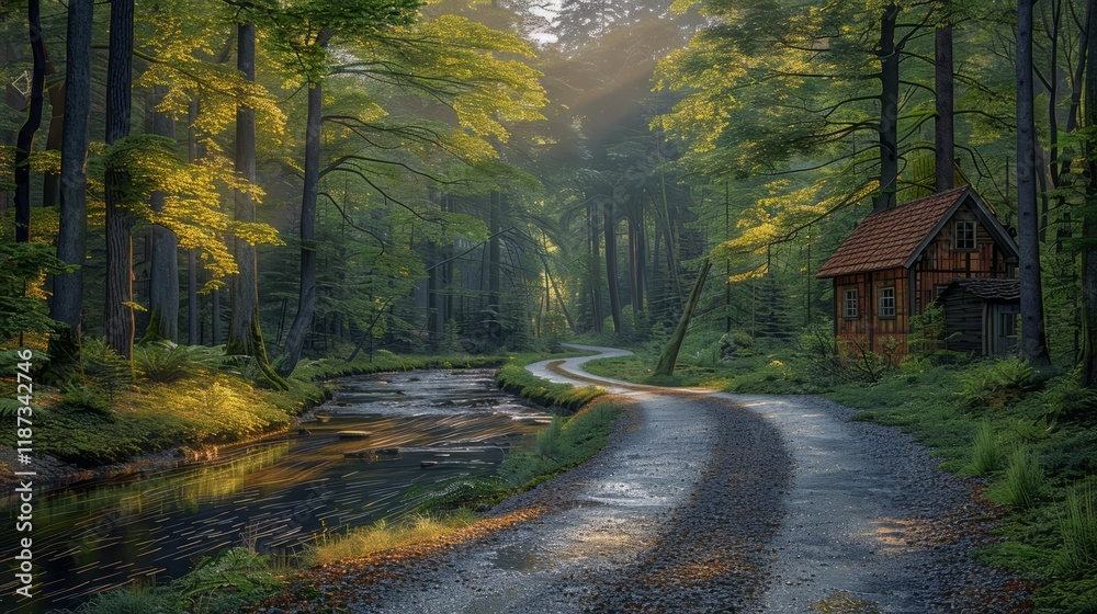 Obraz premium Enchanted Forest Path with Rustic Cabin