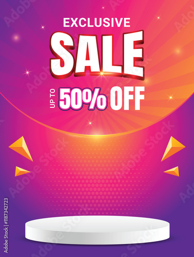 Exclusive Sale social media post with podium and gradient background. Sale promotion social media, Vector design for social media. Up to 50% off, 60% off, 70% off.