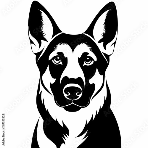 German Shepherd head in bold black vector, symmetrical illustration for K9 branding, guard dog visuals or security company logos. Concept: working dog design, law enforcement visuals, pet security bra