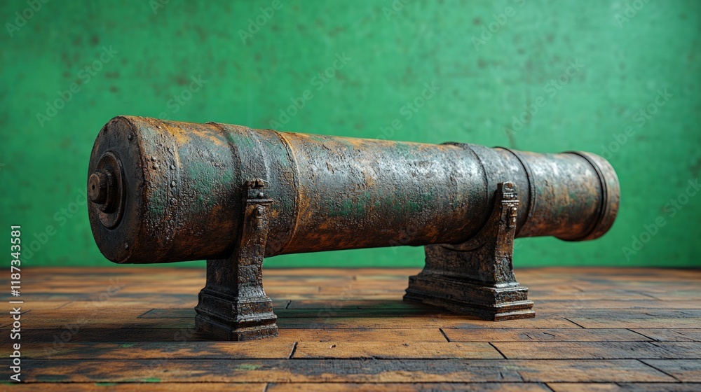 Antique rusty cannon rests on wooden floor. Antique rusty cannon rests on wooden floor.
