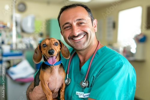 Professional veterinarian smiling, holding small dog in clinic, wearing scrubs and stethoscope, demonstrating compassionate animal care