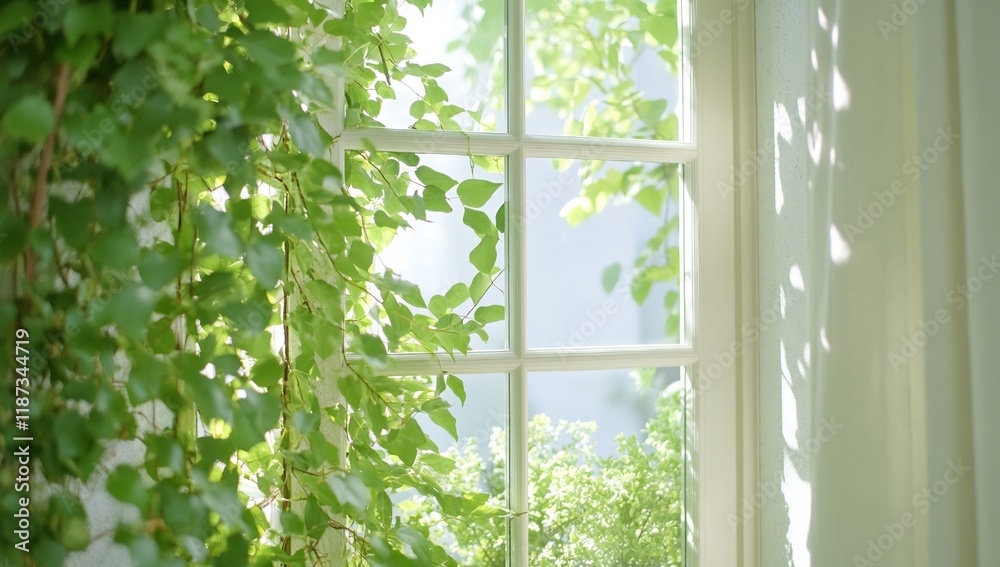 Naklejka premium Sunlit ivy climbs window, garden view, bright room, home decor