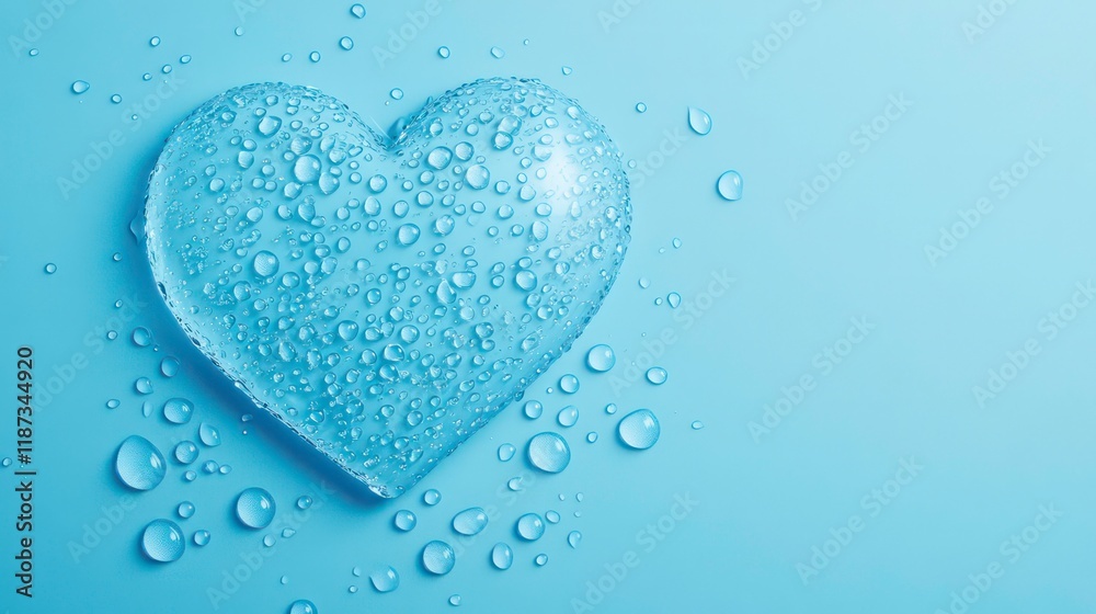 Fototapeta premium Water droplets on a glass heart shape against a light blue background.