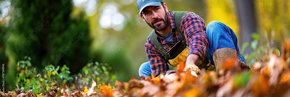 Fototapeta premium landscaper raking leaves