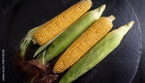 three corn cobs on a black board heritage near up photo