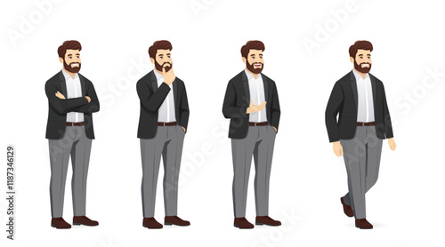 Set of handsome business man poses wearing formal clothes in half turn view. Isolated vector illustration