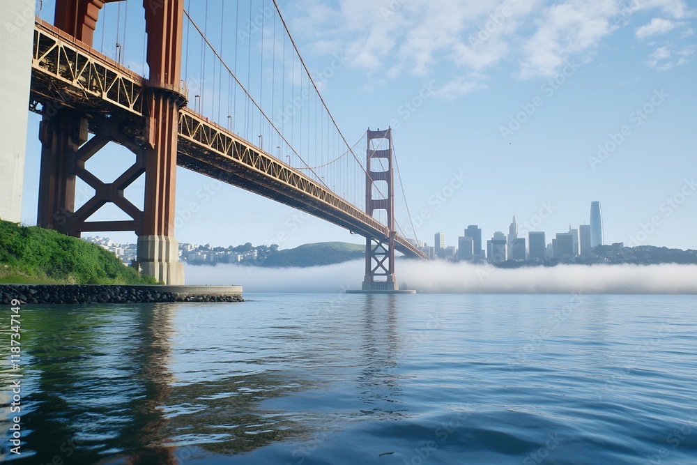 Fototapeta premium Foggy San Francisco Bay Bridge sunrise, city skyline