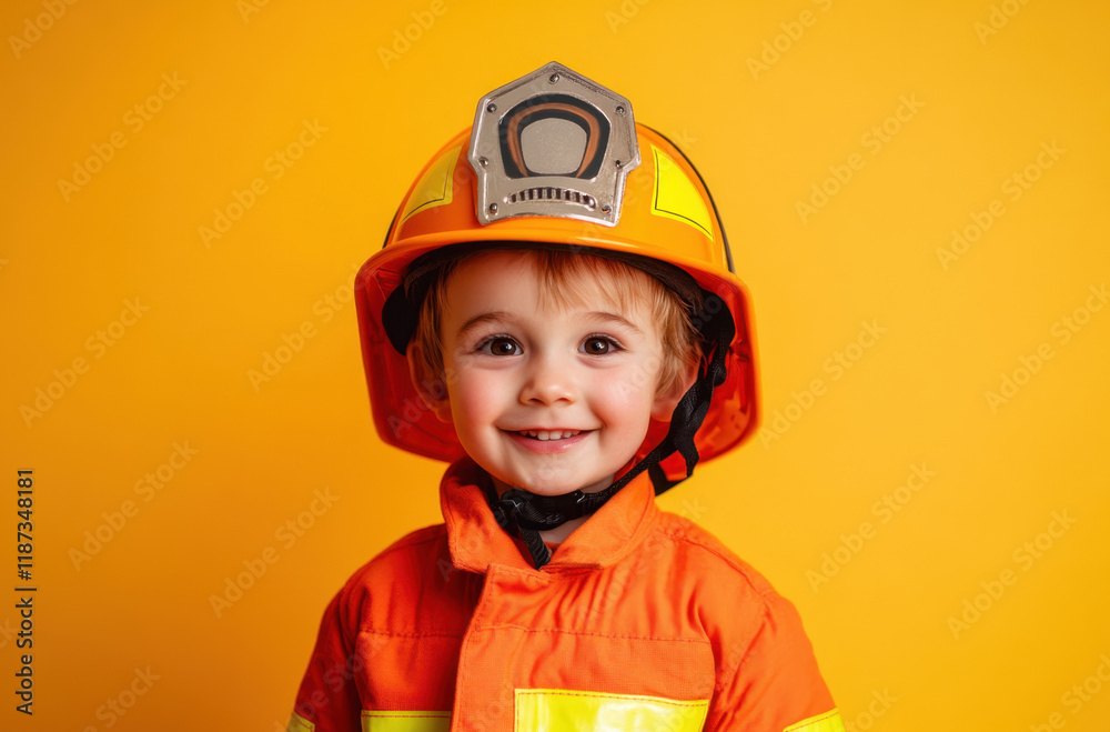 A cheerful young child dressed in a bright orange firefighter outfit with a helmet smiles happily, showcasing excitement and joy. The vivid yellow backdrop adds a playful touch. A cheerful young child dressed in a bright orange firefighter outfit with a helmet smiles happily, showcasing excitement and joy. The vivid yellow backdrop adds a playful touch.