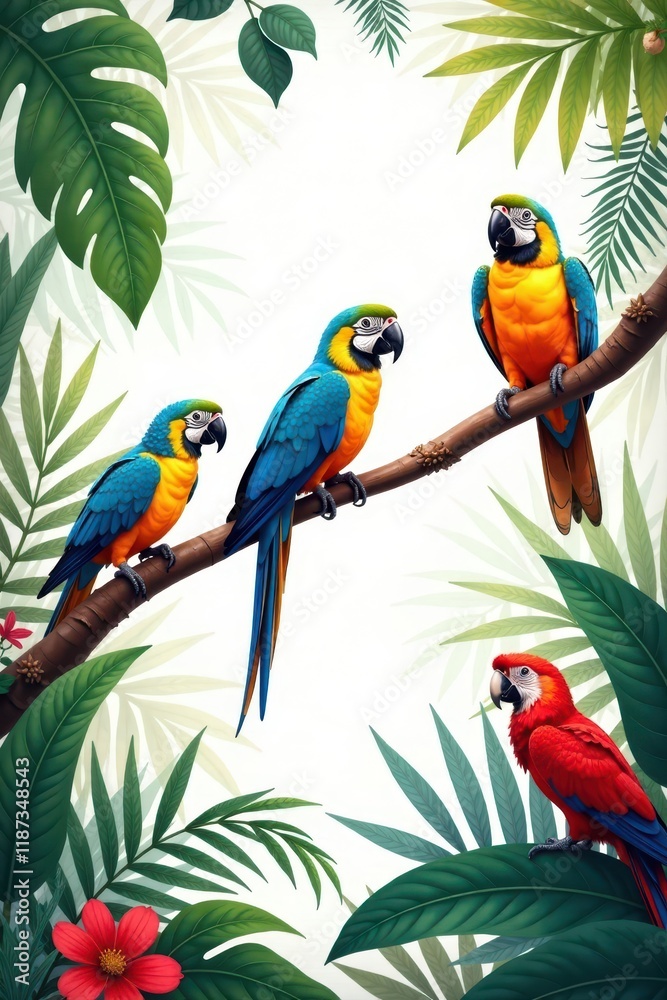Fototapeta premium Exotic birds perch on a branch amidst jungle vegetation on white canvas, wildlife, sky