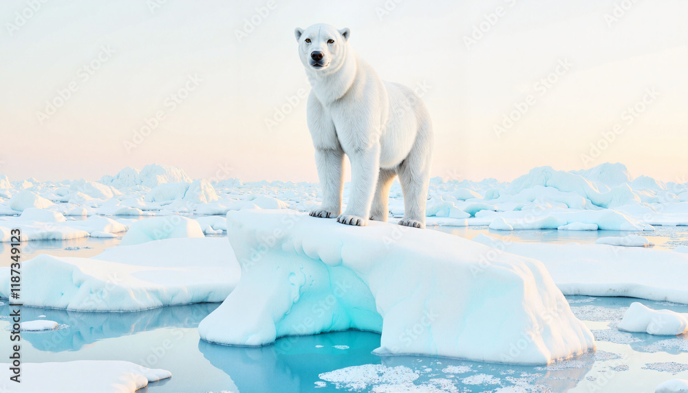 Polar bear standing on an ice floe in a frozen landscape Polar bear standing on an ice floe in a frozen landscape