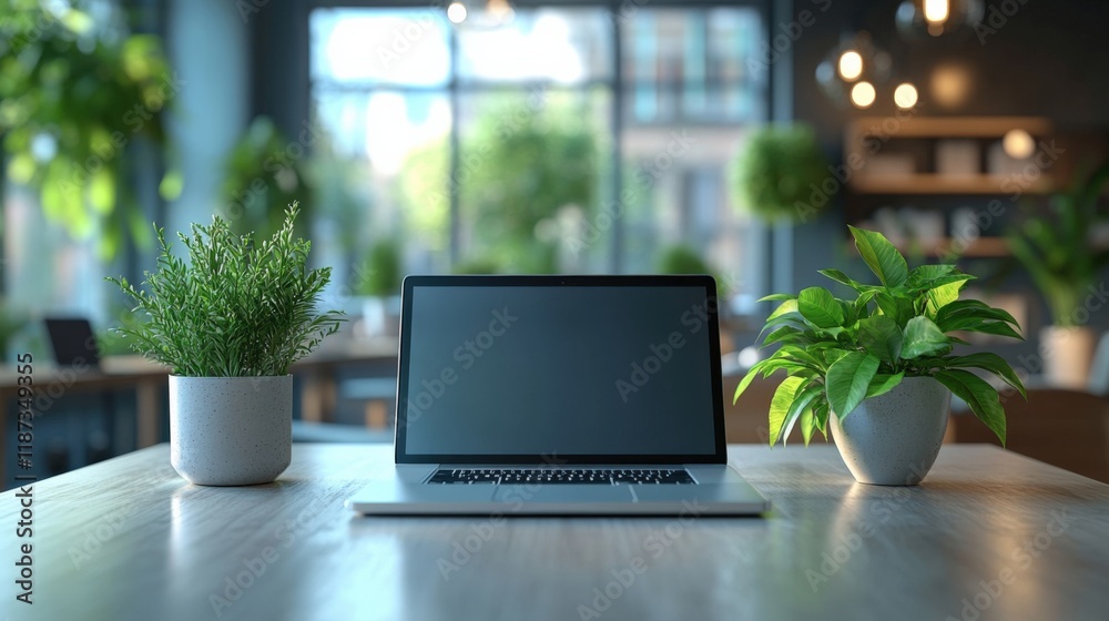 Fototapeta premium Modern Workspace With Plants and Laptop on Wooden Table in Bright Interior. Generative AI