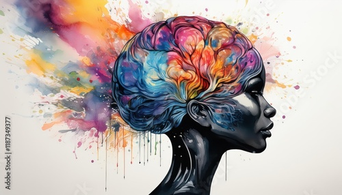 Stirring Abstract Watercolor of a Complex Brain Structure Set Amidst an Expansive Copy Space, with Swirling Colors and Textures Representing Cognitive Complexity. photo