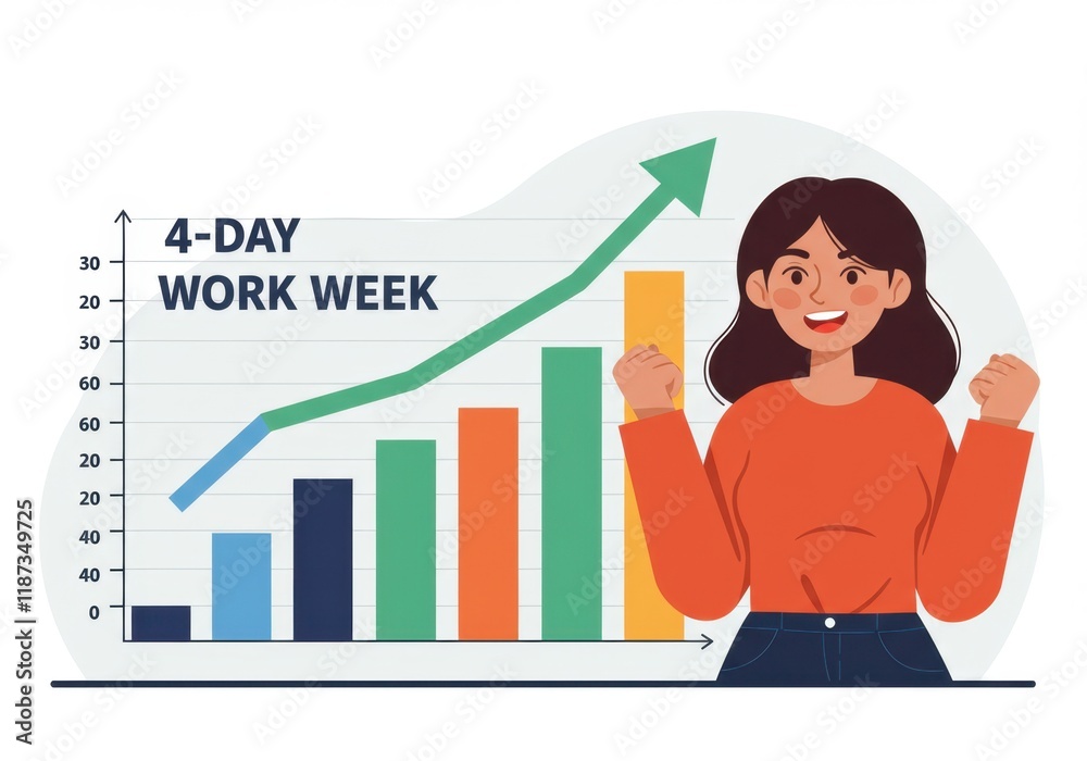 Smiling woman celebrates success of 4-day work week with rising graph bar chart Smiling woman celebrates success of 4-day work week with rising graph bar chart