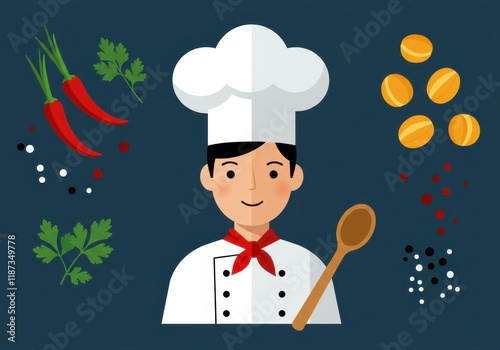 Chef character surrounded by ingredients and spices in flat design illustration