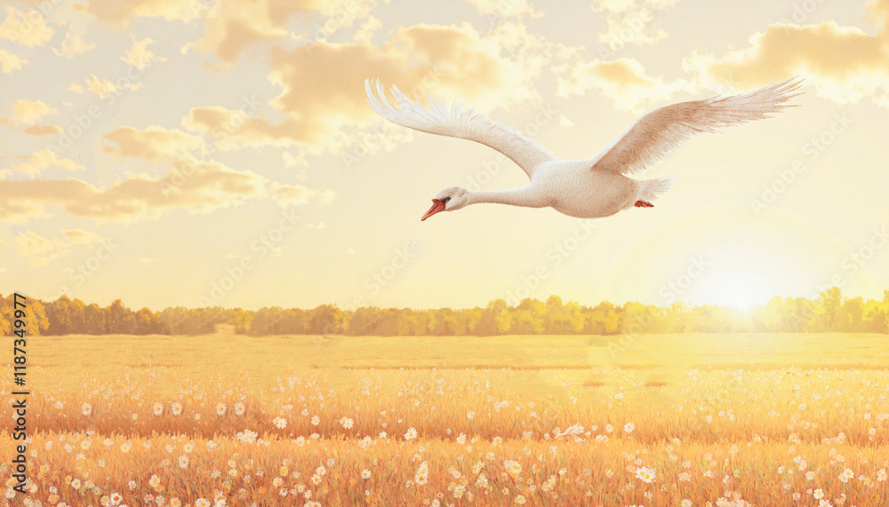 Flying swan over a golden field at sunset Flying swan over a golden field at sunset