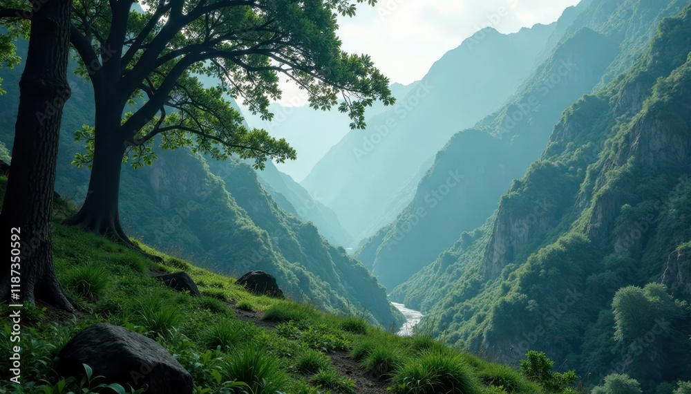 Misty mountain forest, ancient trees, deep shadows, awe-inspiring, landscape Misty mountain forest, ancient trees, deep shadows, awe-inspiring, landscape