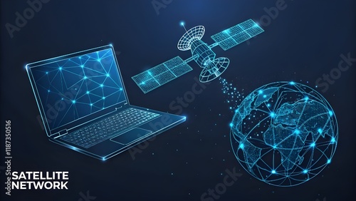 3d satellites and laptop digital low poly wireframe. Satellite network technology, global internet communication concept in dark blue. Abstract vector starry sky with lines, dots and particles