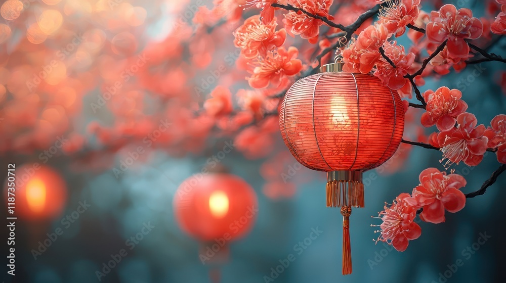 Fototapeta premium Red lanterns among blooming cherry blossoms.