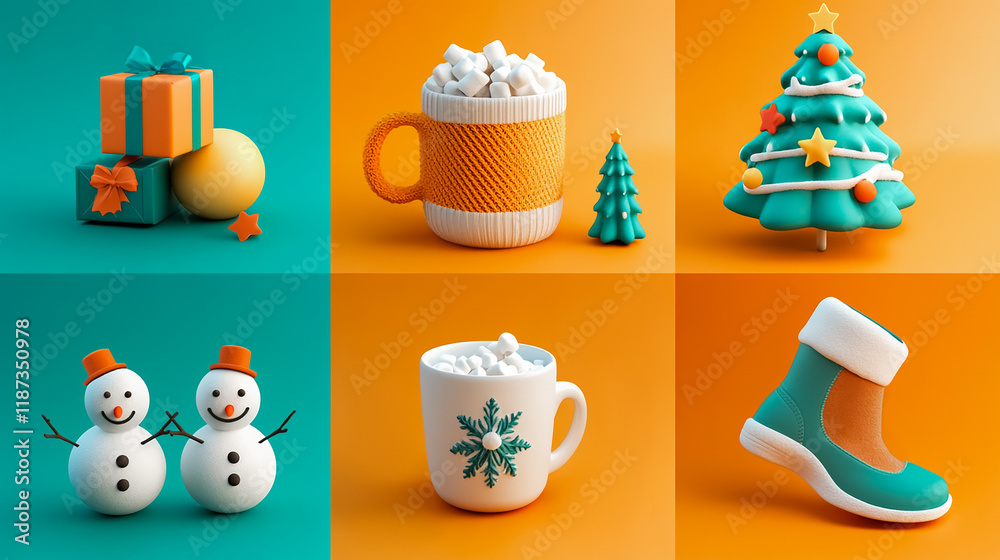 A set of 3D rendered Christmas icons including a Christmas tree, presents, a snowman, and a mug of hot cocoa A set of 3D rendered Christmas icons including a Christmas tree, presents, a snowman, and a mug of hot cocoa
