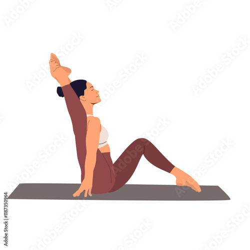 Girl in Visvamitrasana pose. Woman exercising in sitting yoga asana. Flexible female in stretching longitudinal twine posture. Vector illustration isolated on white background
