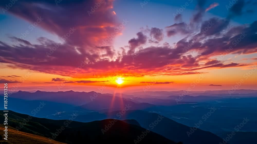 Beautiful sunset with a bright orange sun. The sky is filled with clouds and the sun is shining brightly Beautiful sunset with a bright orange sun. The sky is filled with clouds and the sun is shining brightly
